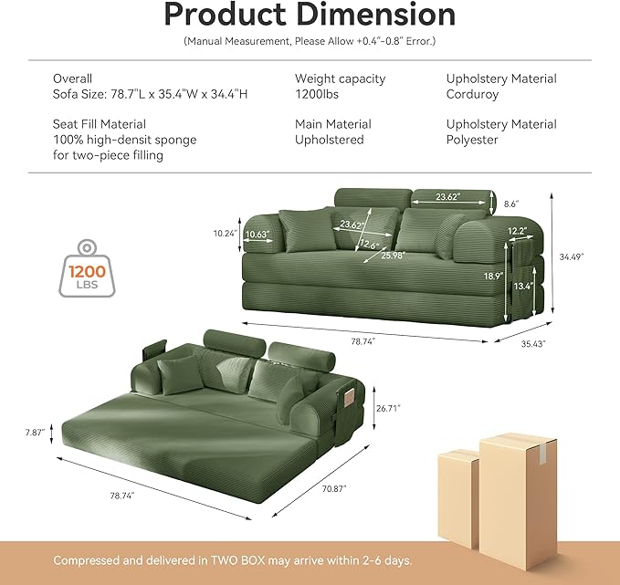 Upgrade High Backrest Design Sofa Bed with Fixed-Shape Frame & Removable Armrests and Backrest, Corduroy Fabric, Convertible Mattress Couch for Small Spaces - No Assembly (High Backrest Olive Green)