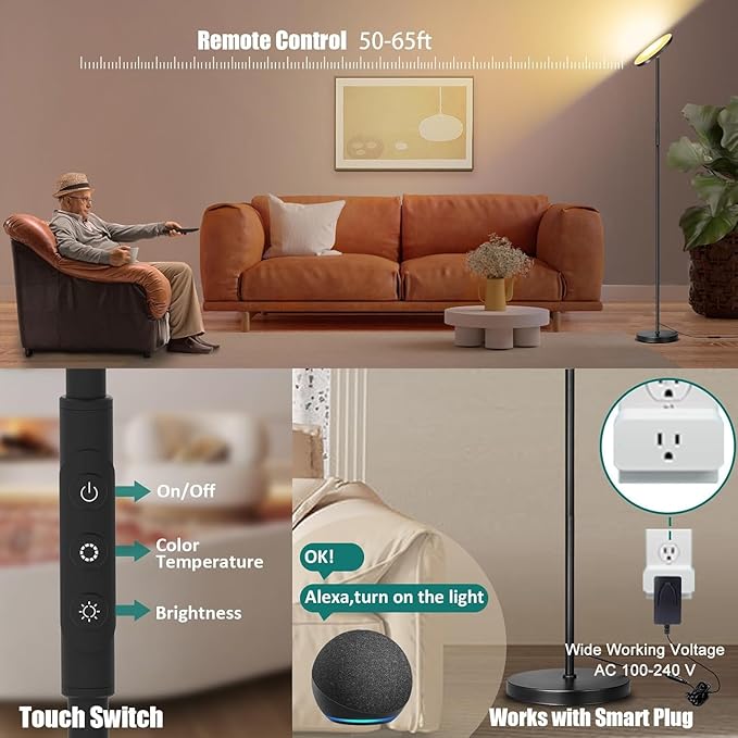 Floor Lamp, Upgraded 40W 4000LM Super Bright Torchiere LED Floor Lamps for Living Room, Stepless Dimmable Color Temperature 2700K-6500K with Remote & Touch Control, Standing Light for Bedroom Office