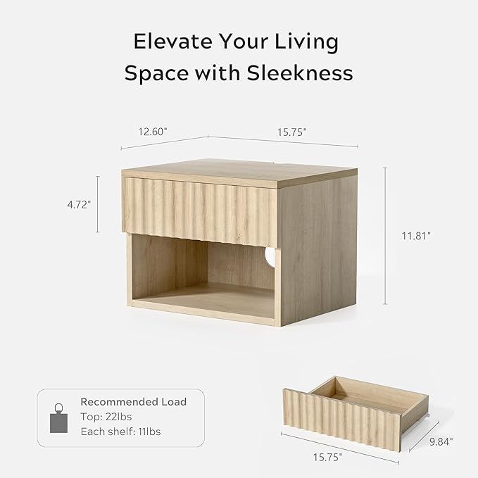 Floating Nightstand Set of 2 with Drawer, Fluted Modern Night Stand with Fluted Door and Open Storage Shelf Wall Mounted Bedside Table for Bedroom, Entryway Light Oak