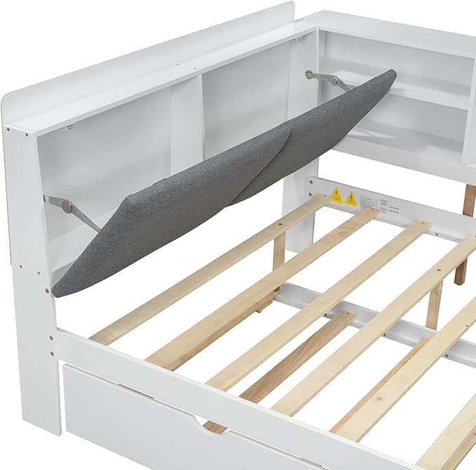 Ball & Cast Full Size Wooden Storage Daybed Frame, Modern Platform Bed with Trundle & Flip Headboard & Shelves, L Shaped Full Floor-Bed w/Upholstered Headboard&Storage, No Box Spring Needed, White