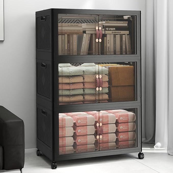 360Qt Stackable Storage Bins with Lids, 3 Pack Large Collapsible Bins with Wheels, Plastic Cabinet with Doors, Foldable Closet Organizers and Storage for Home, Dorm, Office, Black