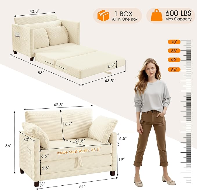 51" Loveseat Sleeper Sofa Bed, Corduroy Convertible Floor Sofa Bed for Small Spaces, Folding Couch Bed with Deep Seat, 2 Pillows & Solid Frame, Pull Out Floor Couch for Living Room, Beige