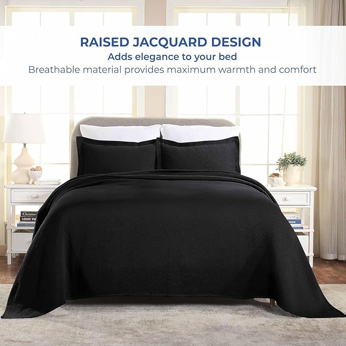 Superior 100% Cotton Basket Weave Bedspread with Shams, All-Season Premium Cotton Matelasse Jacquard Bedding, Quilted-Look Geometric Basket, Twin, Black