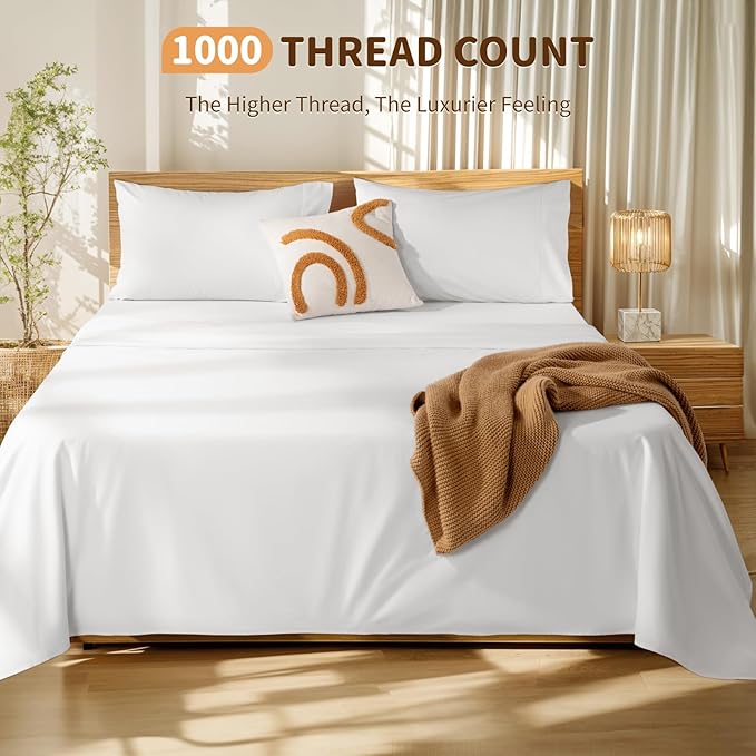 LBRO2M 100% Cotton Sheets Set Deep Pocket 19", 1000 Thread Count California King Size 4 Piece Bed Sheet Sets Soft Comfortable Bedding All Season (California King, White)