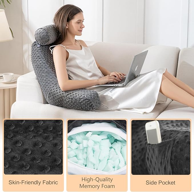 Reading Pillow for Sitting in Bed, Extra Large Backrest Support Cushion with Arms, Sit up Back Pillow Shredded Memory Foam back support Chair Pillow, Bed Rest Pillows with pocket, Detachable Neck Roll