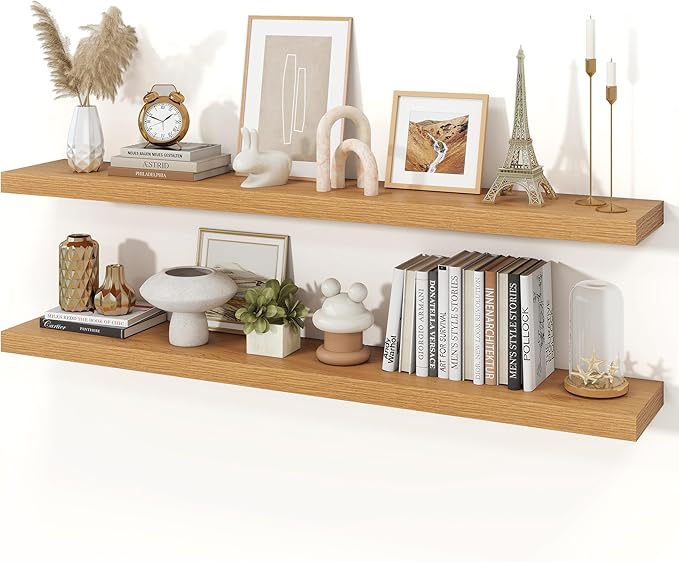Floating Shelves for Wall, 9.3" Deep Wall Mounted Wood Shelves for Bathroom, Bedroom, Living Room, Kitchen, Hanging Shelf for Books/Storage/Room Decor (Oak, 55")