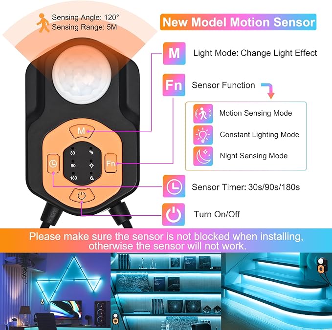 Motion Sensor LED Light Strip 19.68ft 3M*2 Sets Under Bed Lights |3 Modes |Music Sync |Timer | RGB Color Changing |Remote & App Control |Dimmable Motion Activated LED Night Light for Bedroom Cabinet