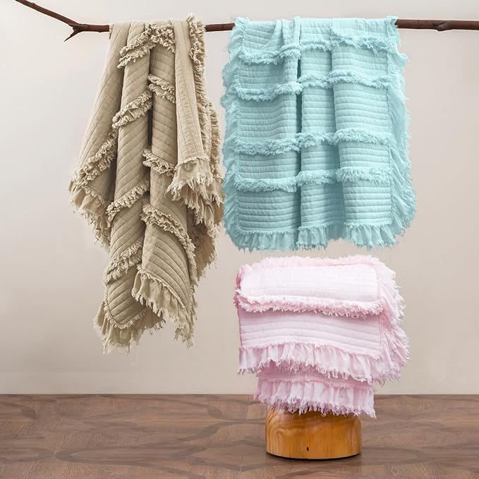 Ultra Soft Pre-Washed Quilted Boho Pink King Size Blankets for Bed, Ruffle Fringed Decorative Throw, Stone Washed Chic Rustic Blanket for Sofa Couch Bed, 104"*90"