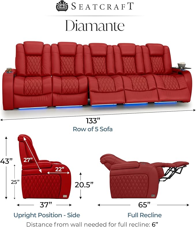 Seatcraft Diamante Zero-Gravity CoolZero Italian Leather Home Theater Seating, Power Headrest, Power Recline, Row of 5 Sofa, Red