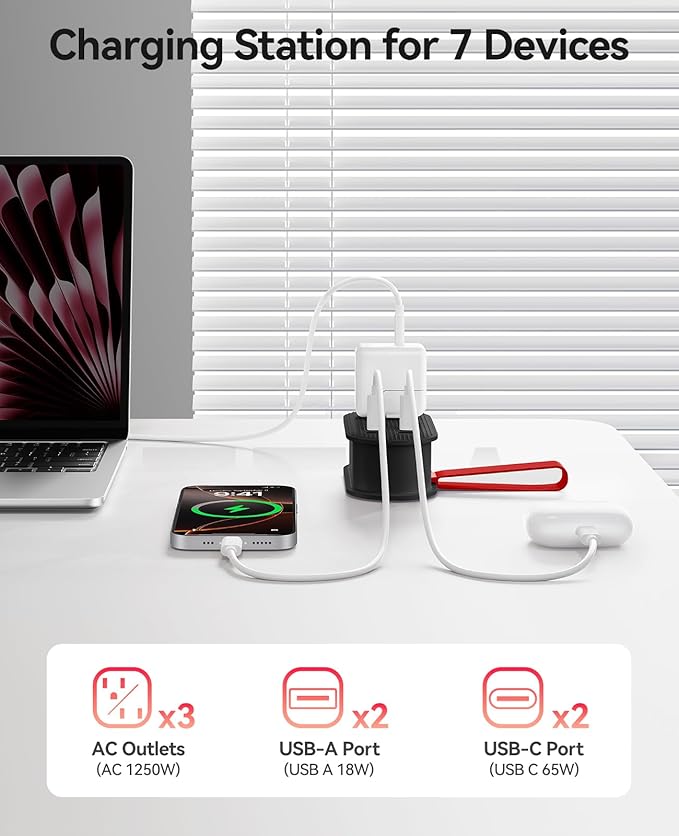 ORICO 65W USB Travel Power Strip, 7 in 1 Charging Station with 3AC, 2 USB-A, 2 USB-C, Flat Plug and 4ft Thin Extension Cord, Fast Charger for MacBook, iPad, iPhone 17/16/15 - TK65
