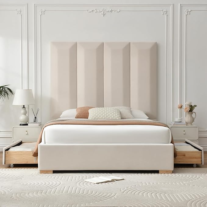VELOCAVA Queen Size Upholstered Bed Frame with Extra Tall 71.5" 3D Geometric Headboard, Velvet-Like Fabric, 2 Storage Drawers, 30 Wood Slats, Adjustable Center Support, No Box Spring Needed, Beige