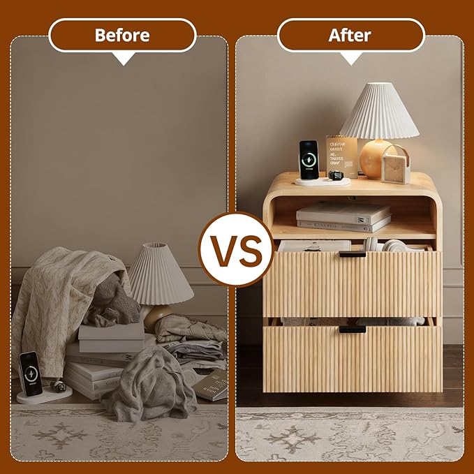 24” Fluted Nightstand Set of 2, Modern Bedside Table with Charging Station, Curved Profile Design, Wooden End Table with Storage for Bedroom, Living Room, Natural Oak
