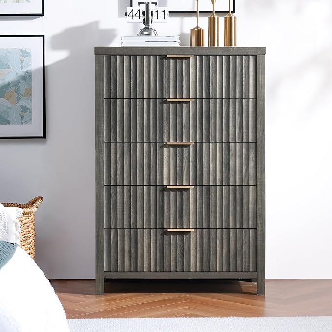 5 Drawers Dresser for Bedroom, 44 Inches Tall Modern Bedroom Dressers, Chest of Drawers for Bedroom, Fluted Dresser for Closet Organizer for Living Room, Hallway, Entryway (Midnight Oak)