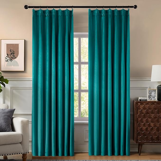 Pinch Pleated 100% Blackout Curtains for Bedroom, Teal Velvet Curtains for Living Room, Black Out Curtain 96 inch Long Room Darkening, Blackout Pinch Pleat Drapes with Hooks 2 Panels