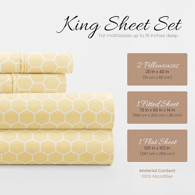 Linen Market Patterned Microfiber King Sheet Set 4 Piece – Oeko-TEX Certified Ultra Soft & Wrinkle-Free - 16" Deep Pocket Sheets - Easy Care King Size - Honeycomb Yellow