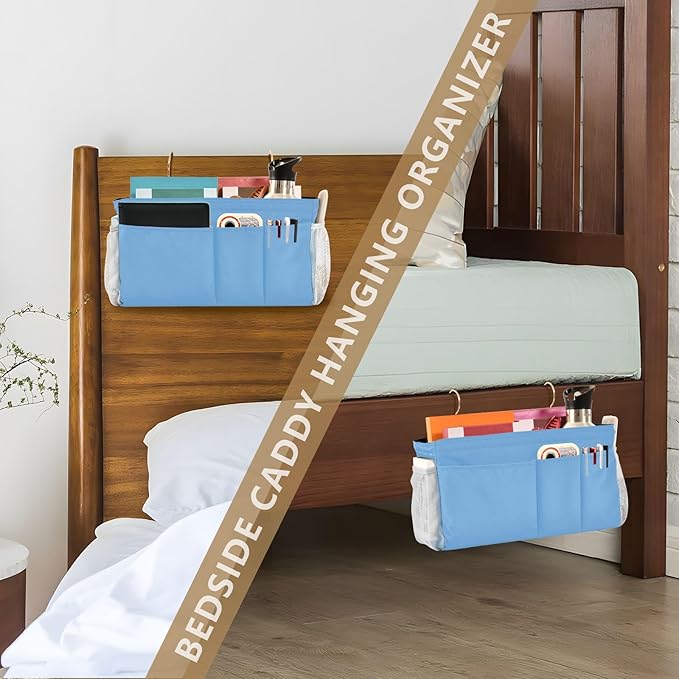 KOPIRIT Lake Blue Bedside Caddy Storage Bag Bedside Organizer for Dorm Room Top Bunk Bed Bedside Shelf Hanging Organizer 6 Pockets with Hooks for Glasses Book Tablet Holder