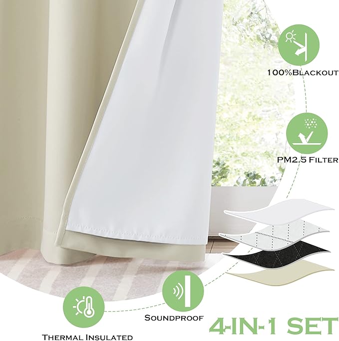 KGORGE Anti Dust Soundproof 100% Blackout Curtains 4 Layers Heavy Duty Energy Efficiency Window Curtains for Living Room Baby Bedroom Home Office Studio, W 52 x L 90 inches, Cream Beige, 2 Panels