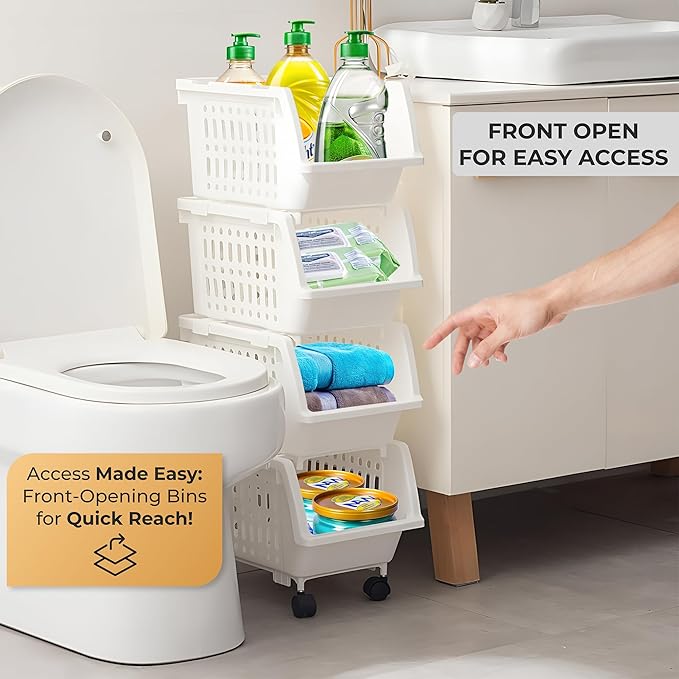 TidyFriend Stackable Storage Bins for Pantry - 4 Pack Small Stackable Bins for Organizing Food, Kitchen, and Bathroom Essentials (White)