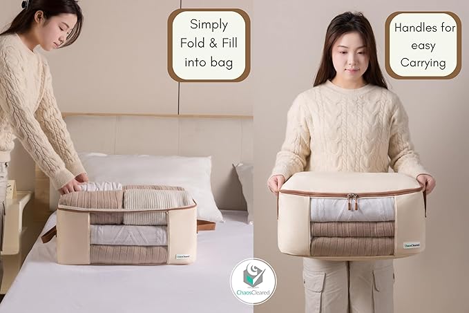 Canvas Storage Bags Designer Organizer for Comforters 2 Pack – Seasonal Storage for Pillows, Blankets, Linens & Garments – Foldable Design with Zip & Window, Moth-Proof Space Saver