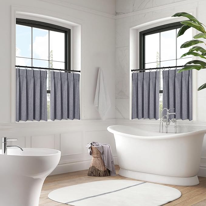 WdFour 42x36 Inch Pinch Pleated Blackout Cafe Curtains - Pack of 2, 100% Light Blocking Back Tab Drapes for Half Windows, Kitchen & Bathroom Short Curtains in Dark Gray