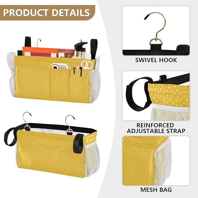 Bedside Caddy Hanging Bunk Bed Caddy Bed Organizer Hanging Pocket with 2 Hooks Bedside Storage Organizer Pocket Bag Holder Yellow