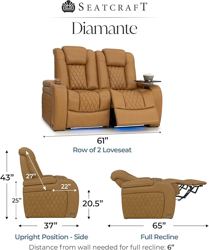Seatcraft Diamante Zero-Gravity CoolZero Italian Leather Home Theater Seating, Power Headrest, Power Recline, Row of 2 Loveseat, Tan Oak