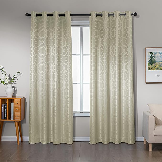 Amazon Basics Jacquard 2-Piece 100% Blackout Curtains, Living Room and Bedroom Drapes, Thermal Insulated Window Treatment, 52"x84", Beige