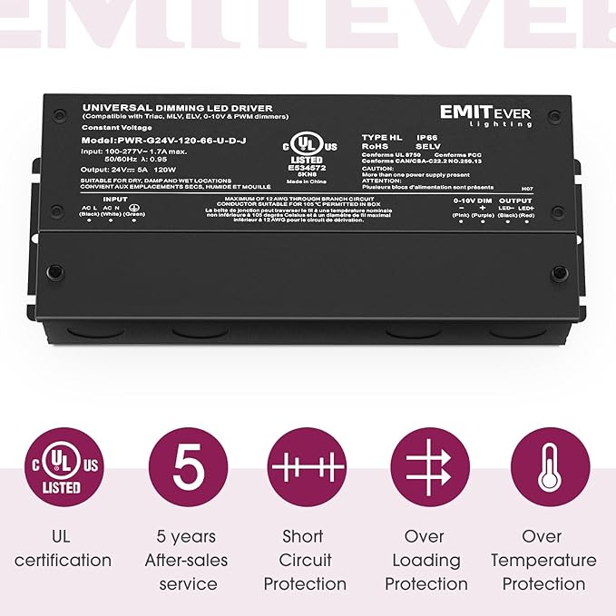 EMITEVER Dimmable Led Driver, 2 Packs 120W AC 110V-277V to DC 24V Transformer, 5-in-1 Dimming: ELV/MLV/TRIAC / 0-10V / 1-10V / 10V PWM/Potentiometer, Waterproof IP67 and UL Listed