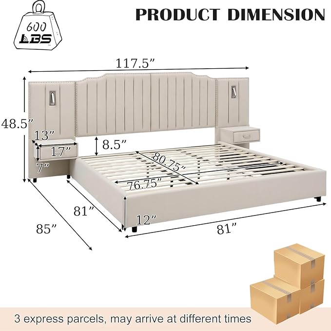 King Size Bed Frame with Storage, Luxury King Platform Bed Frame with Headboard, Velvet Fabric Upholstered Bedframe with LED Lights, Solid Frame & Bedside Table, No Box Spring Needed, Beige