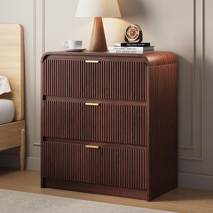 FURSUN 32" Tall Fluted Nightstand, 3 Drawers Wooden End Table w/Storage, Curved Profile Design, Modern Bedside Table for Bedroom, Dark Walnut