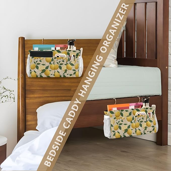 Bedside Caddy Hanging Bunk Bed Caddy Bed Organizer Hanging Pocket with 2 Hooks Bedside Storage Organizer Pocket Bag Holder Beige Lemons and Flowers