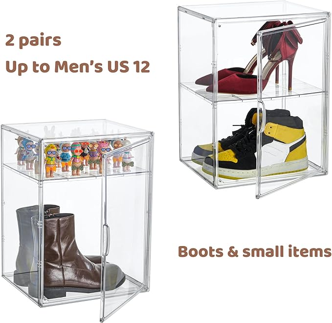 Attelite XXX-Large Clear Display Case Stackable Plastic Storage Bins with Lid, 2 Tiers Boot Shoe Box Organizers with an Adjustable Divider, Big Acrylic Display Storage Box with Magnetic Door