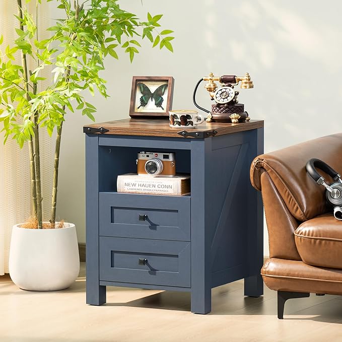 Joaxswe Nightstands Set of 2 with Charging Station, Farmhouse Night Stand with 2 Drawers and Shelf Storage, Wooden Side End Table, Bedside Cabinet for Bedroom, Living Room, Closet,Office (Blue) | with 2 Drawers, and Shelf Storage, Bedside Cabinet, for ...