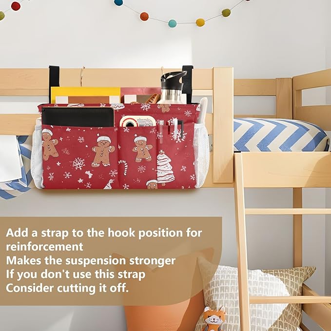 Bedside Caddy Hanging Bunk Bed Caddy Bed Organizer Hanging Pocket with 2 Hooks Bedside Storage Organizer Pocket Bag Holder Gingerbread Christmas Tree01