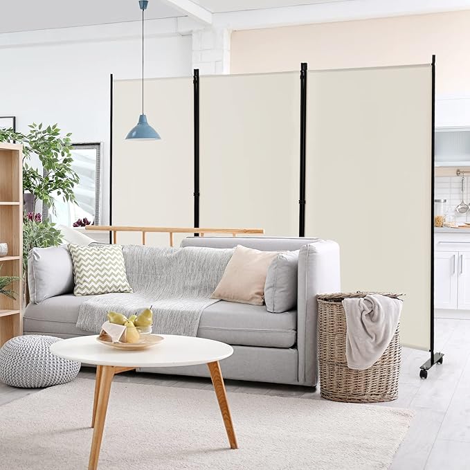 GOFLAME 3 Panel Folding Room Divider, 6FT Rolling Privacy Screen with Lockable Wheels, Portable Room Partition Screen, Freestanding Wall Divider and Separator for Home Office, White