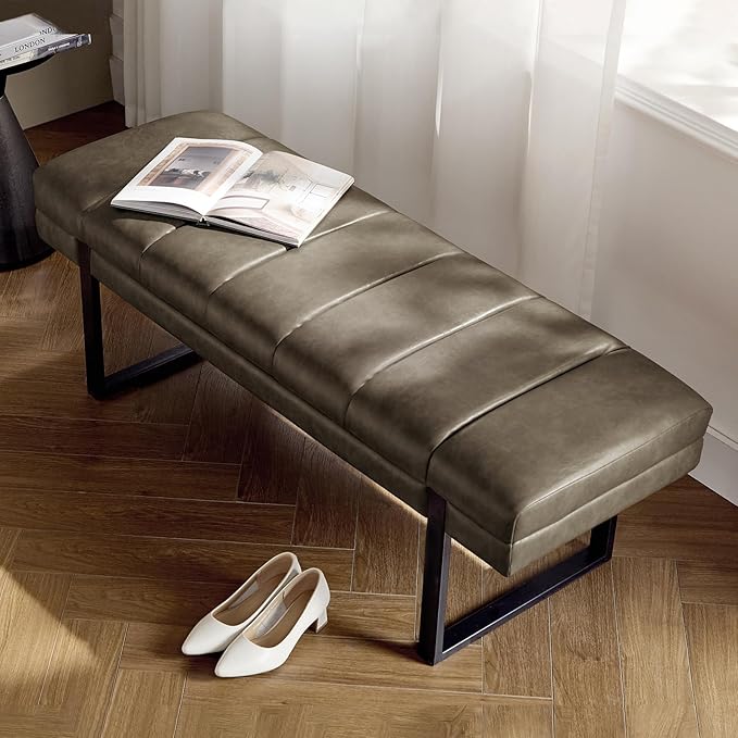 HULALA HOME 53" Faux Leather Entryway Bench, Button Tufted End of Bed Bench Ottoman for Bedroom, Living Room with Metal Base, Grey