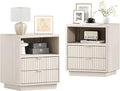 Fluted Nightstands Set of 2 - Nightstand with 2 Drawers & Open Shelves, 22" Wide Large Bedside Stand Modern Storage Wooden Side Tables for Bedroom (Oak White)