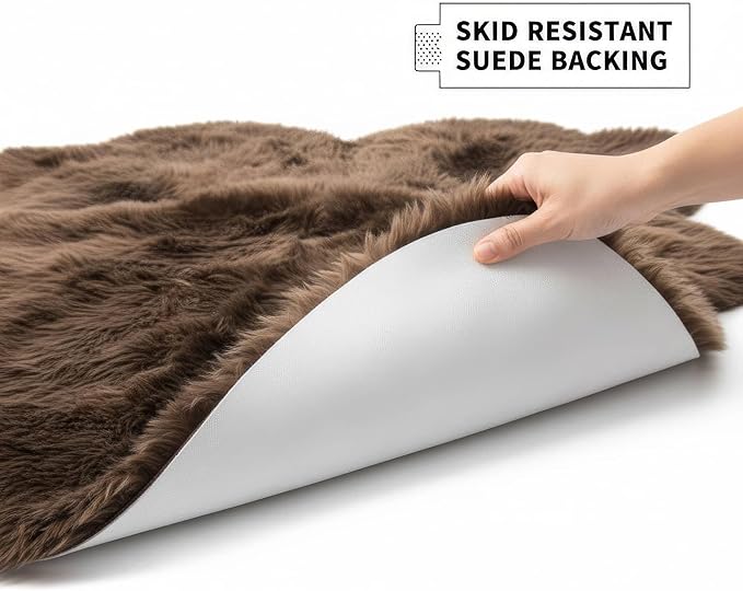 Genuine Dark Brown Sheepskin Rug, Real Fluffy Quad Pelt 4x6 ft Fur Area Rug for Living Room, Bed & Home Decor, Natural Sheep Skin Throw