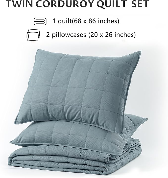 KASENTEX Twin Quilt Set 68"x86" – Soft Washed 3-Layer Lightweight Bedspread, Minimalist Nordic Design, All-Season Spring & Summer Quilt Set (1 Quilt + 2 Pillow Shams), Corduroy Blue