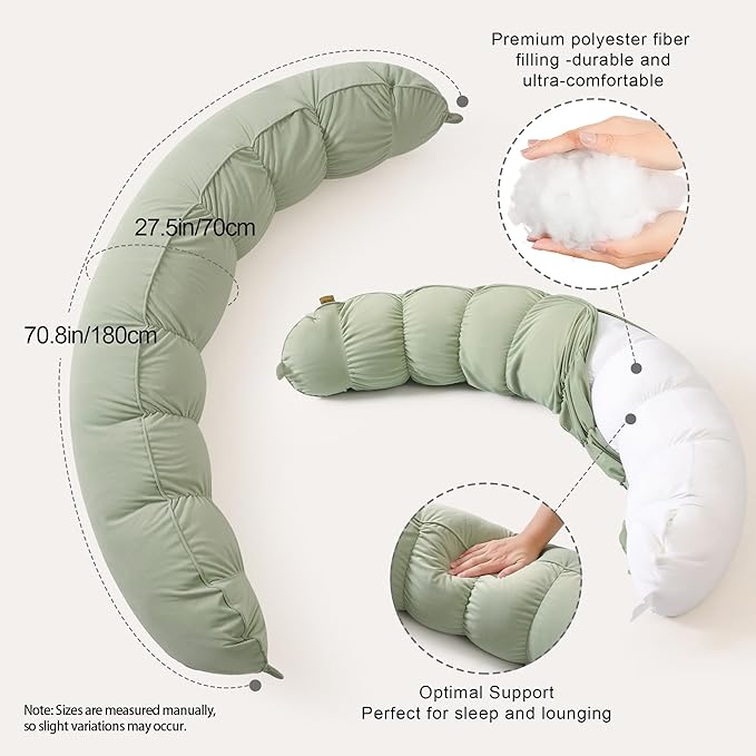 Peallow(Pat. Pend) – Long Round Body Pillow for Adults, Bolster Pillow for Sleeping, Soft and Supportive Pillow for Sleeping & Lumbar Support (Celadon Green,59")