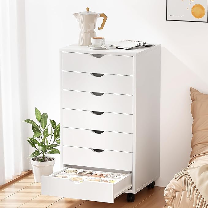7 Drawer Chest, Dressers Storage Cabinets, Dresser Mobile Cabinet with Wheels, Drawers Organization Furniture for Office, Home, White