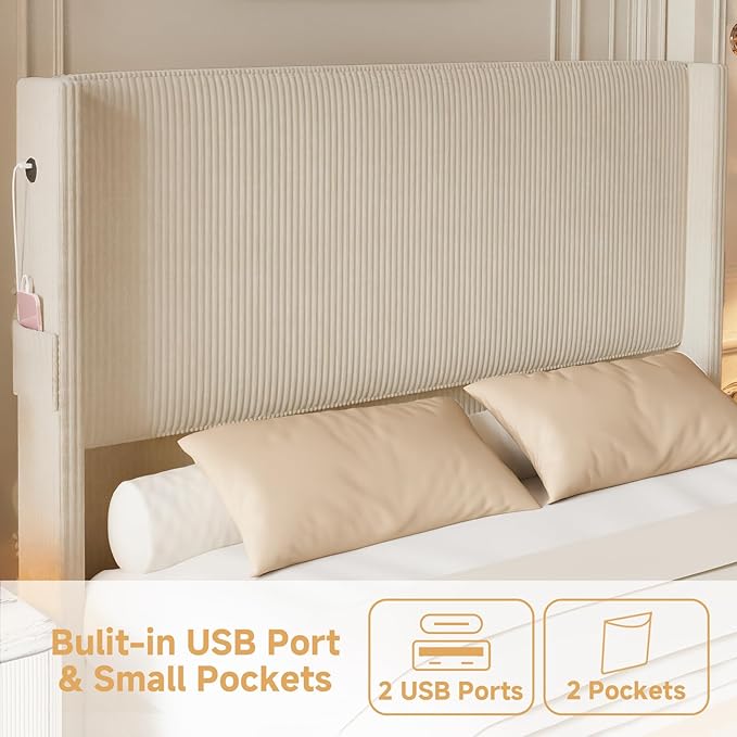 Queen Size Bed Frame with Headboard, Upholstered Platform Bed with Tall Wingback Headboard & Footboard, Corduroy Bed Frames with USB Ports, Easy Assembly, Beige