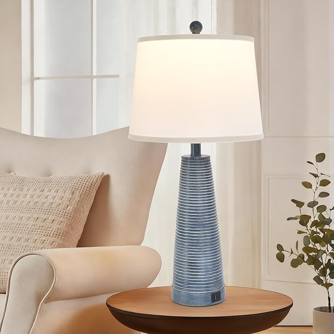 Terpsichore Nightstand Lamp Bedside Lamps Vintage Rustic Farmhouse Table Lamp 3 Way Dimmable Horizontal Stripe Light,for Living Room Bedroom,USB A+C (Navy Blue (Single-Pack), High 27 Inch)