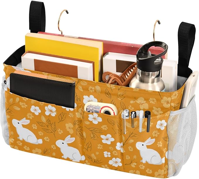 Bedside Caddy Hanging Bunk Bed Caddy Bed Organizer Hanging Pocket with 2 Hooks Bedside Storage Organizer Pocket Bag Holder White Flowers Bunny Orange Leaf