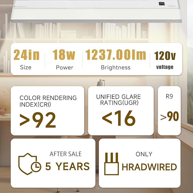 Ansen Hardwired Under Cabinet Lighting, 24in 18W LED Light for Kitchen/Closet, 1237lm, CRI>92, R9>90, 3 Color Temperature, Dimmable, 3000K/4000K/5000K(Warm White, Cool White, Daylight)