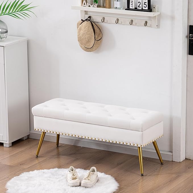Velvet Storage Bench with Gold Legs& Nailhead Trim, 40" Wide Upholstered Modern Bedroom Bench for End of Bed, Tufted Ottoman for Entryway Living Room Dining Room (Ivory White, 40" W)