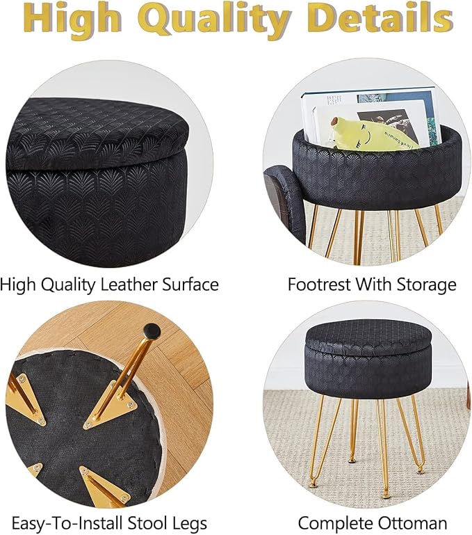 Cpintltr Modern Velvet Foot Rest Stool Upholstered Round Storage Ottomans Multipurpose Dressing Stools Luxury Home Decor Ottoman Coffee Table Top Cover Footstool with Metal Legs for Couch Black