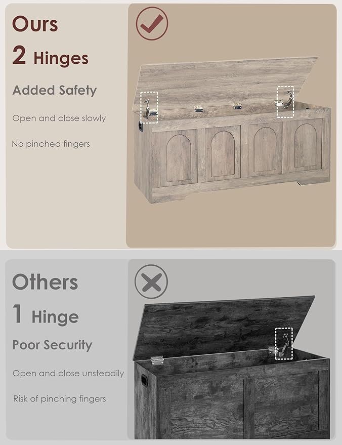 DINZI LVJ Storage Chest, 47.2" Rattan-Like Toy Box with 2 Safety Hinges, Wooden Entryway Storage Bench with Flip-Top, Large Trunk for Living Room, Bedroom, Easy Assembly, Greige