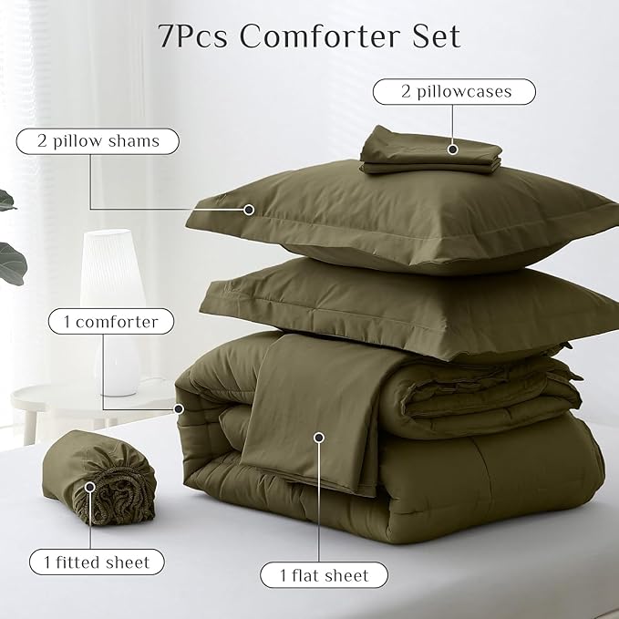 JOLLYVOGUE Full Comforter Set, Ultra-Soft Bed in a Bag Full Size 7 Pieces, Oeko-TEX Certified Bedding Set with Down Alternative Comforter, Sheets, Pillowcases & Shams, Olive Green