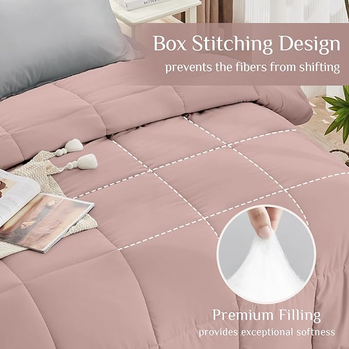 JOLLYVOGUE Queen Comforter Set, Ultra-Soft Bed in a Bag Queen Size 7 Pieces, Oeko-TEX Certified Bedding Set with Down Alternative Comforter, Sheets, Pillowcases & Shams, Pink & Light Grey